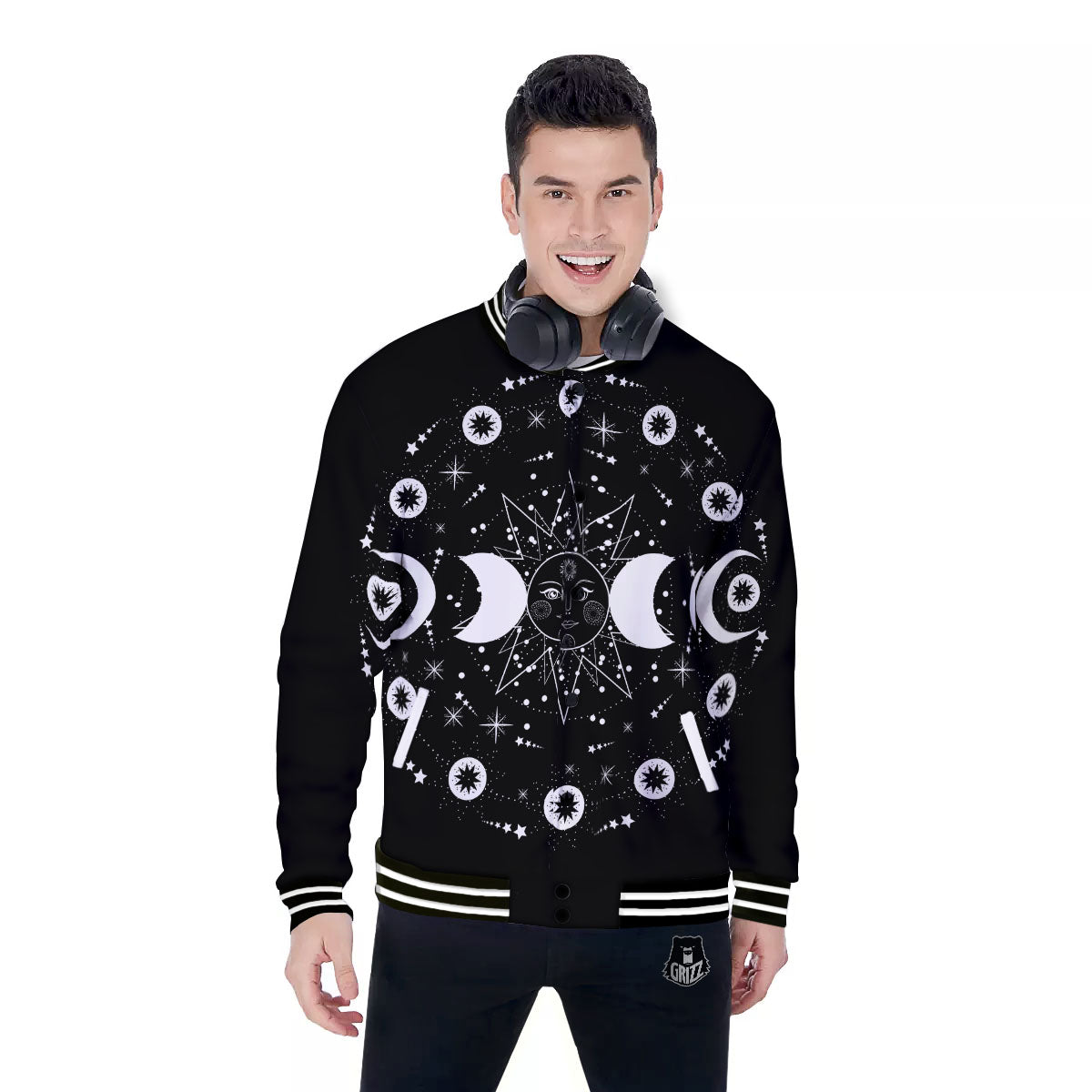 Lunar Phase Galaxy Print Baseball Jacket-grizzshop