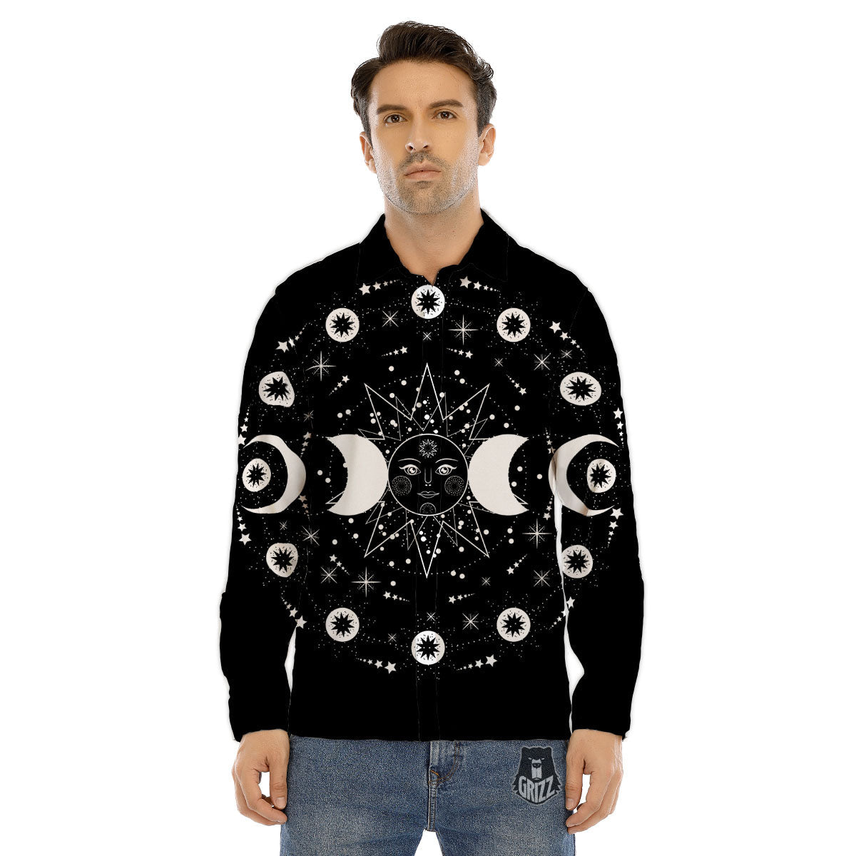Lunar Phase Galaxy Print Men's Dress Shirts-grizzshop