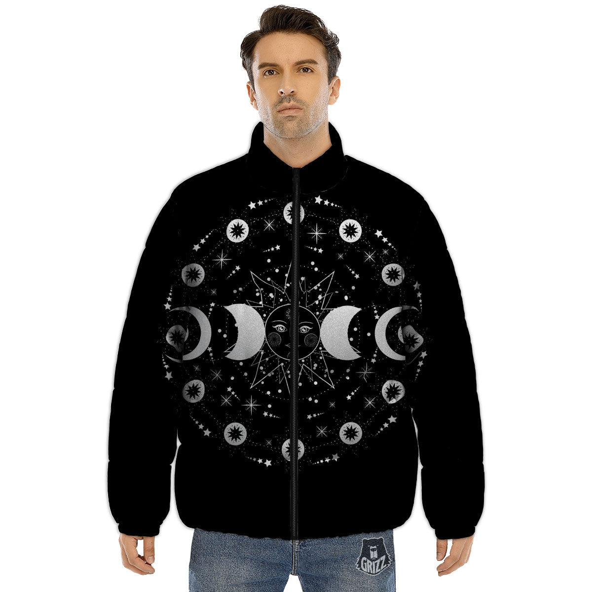 Lunar Phase Galaxy Print Puffer Jacket-grizzshop