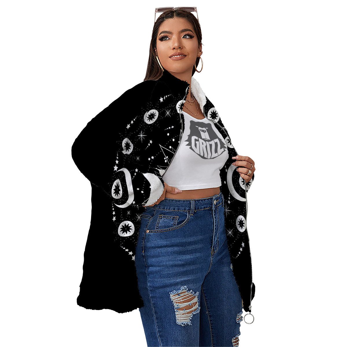 Lunar Phase Galaxy Print Women's Sherpa Jacket-grizzshop