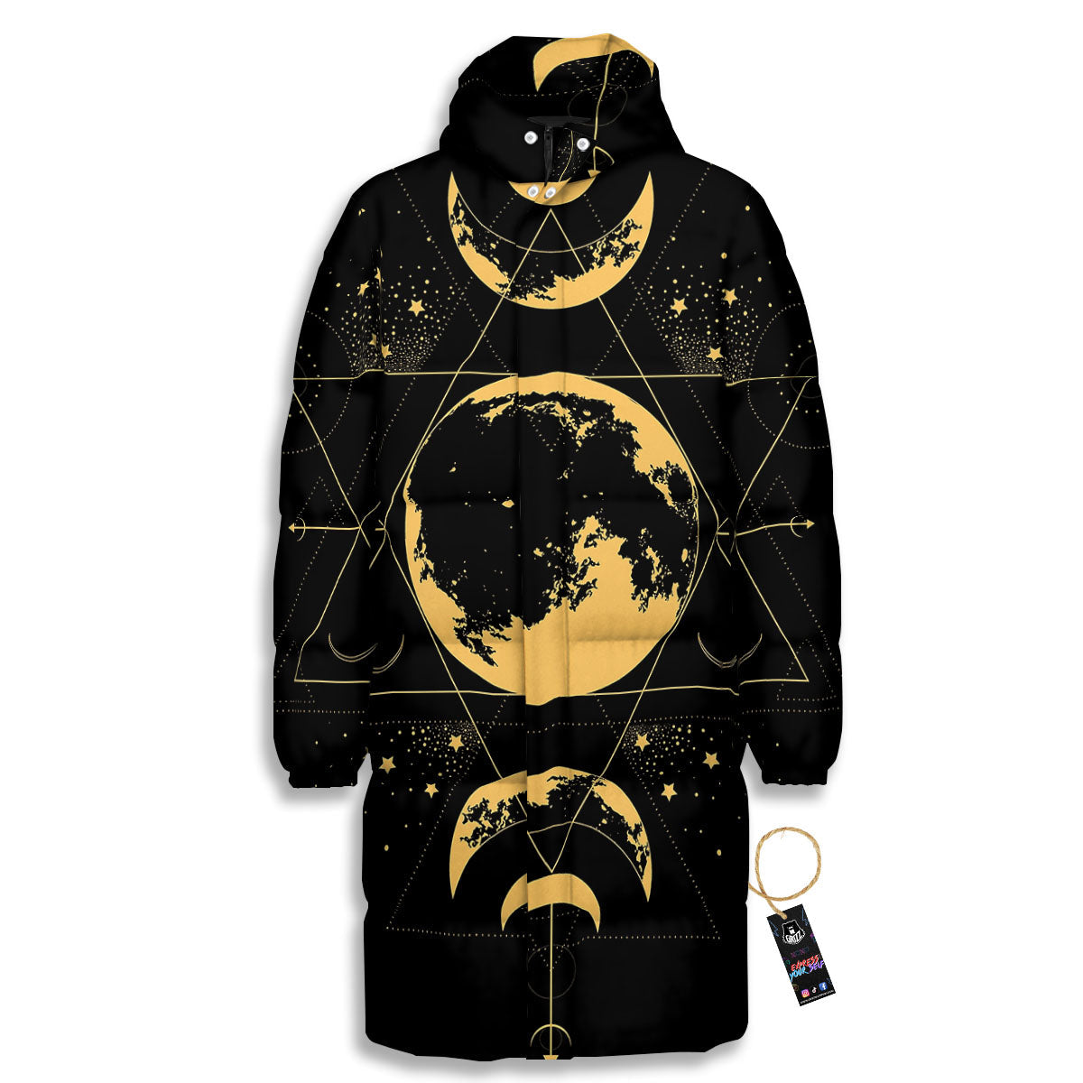 Lunar Phase Mystical Print Long Down Jacket-grizzshop