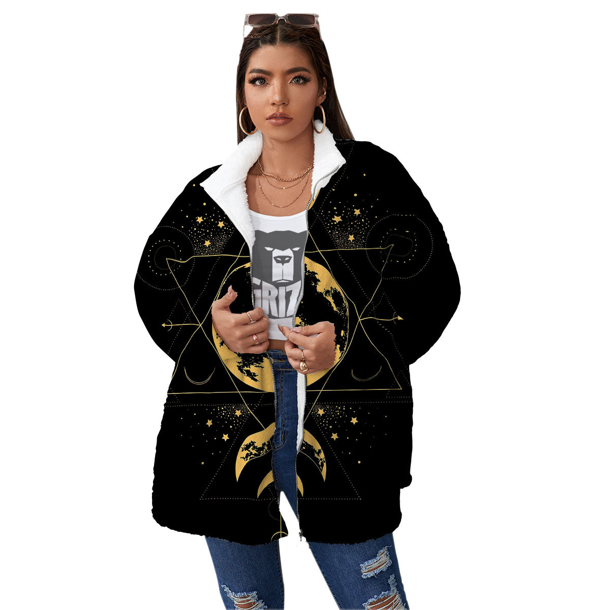 Lunar Phase Mystical Print Women's Sherpa Jacket-grizzshop