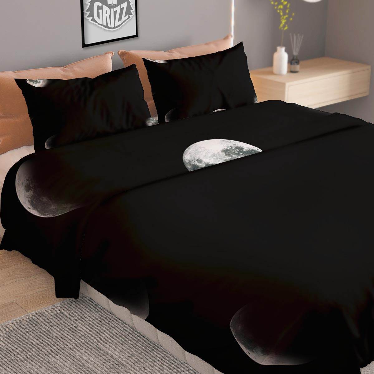 Lunar Phase Starry Sky Print Duvet Cover Bedding Set