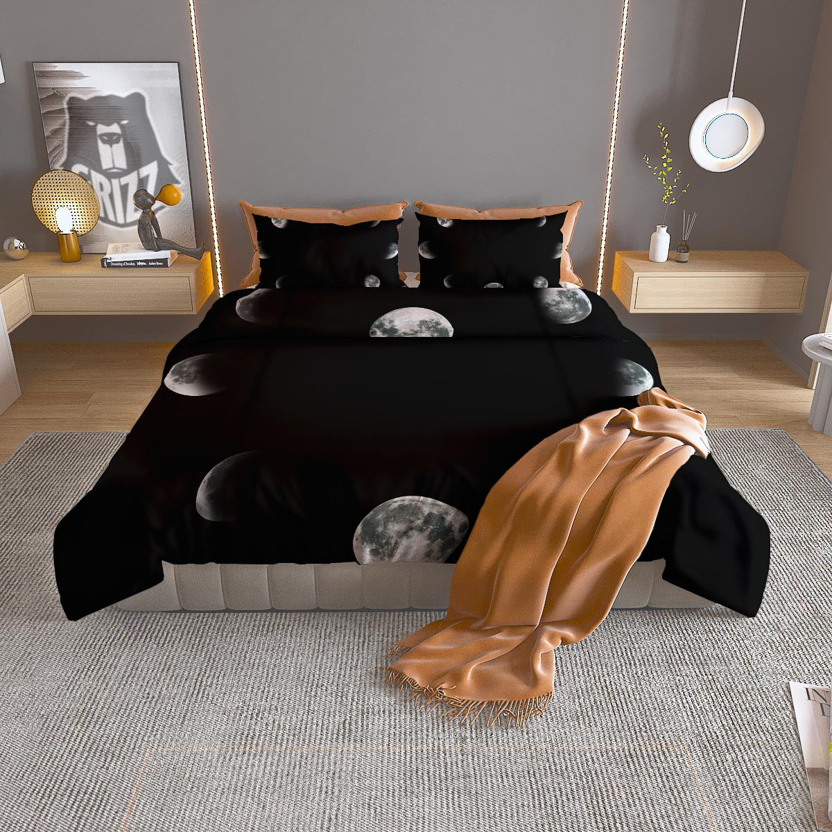 Lunar Phase Starry Sky Print Duvet Cover Bedding Set