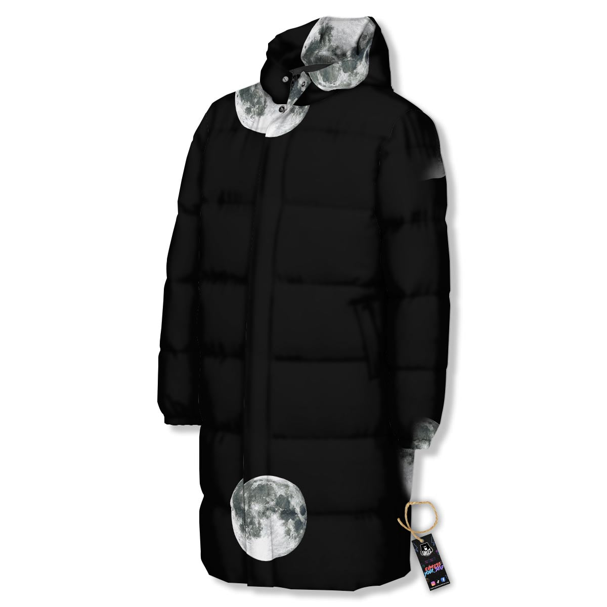 Lunar Phase Starry Sky Print Long Down Jacket-grizzshop