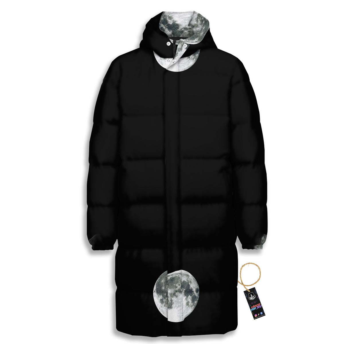 Lunar Phase Starry Sky Print Long Down Jacket-grizzshop