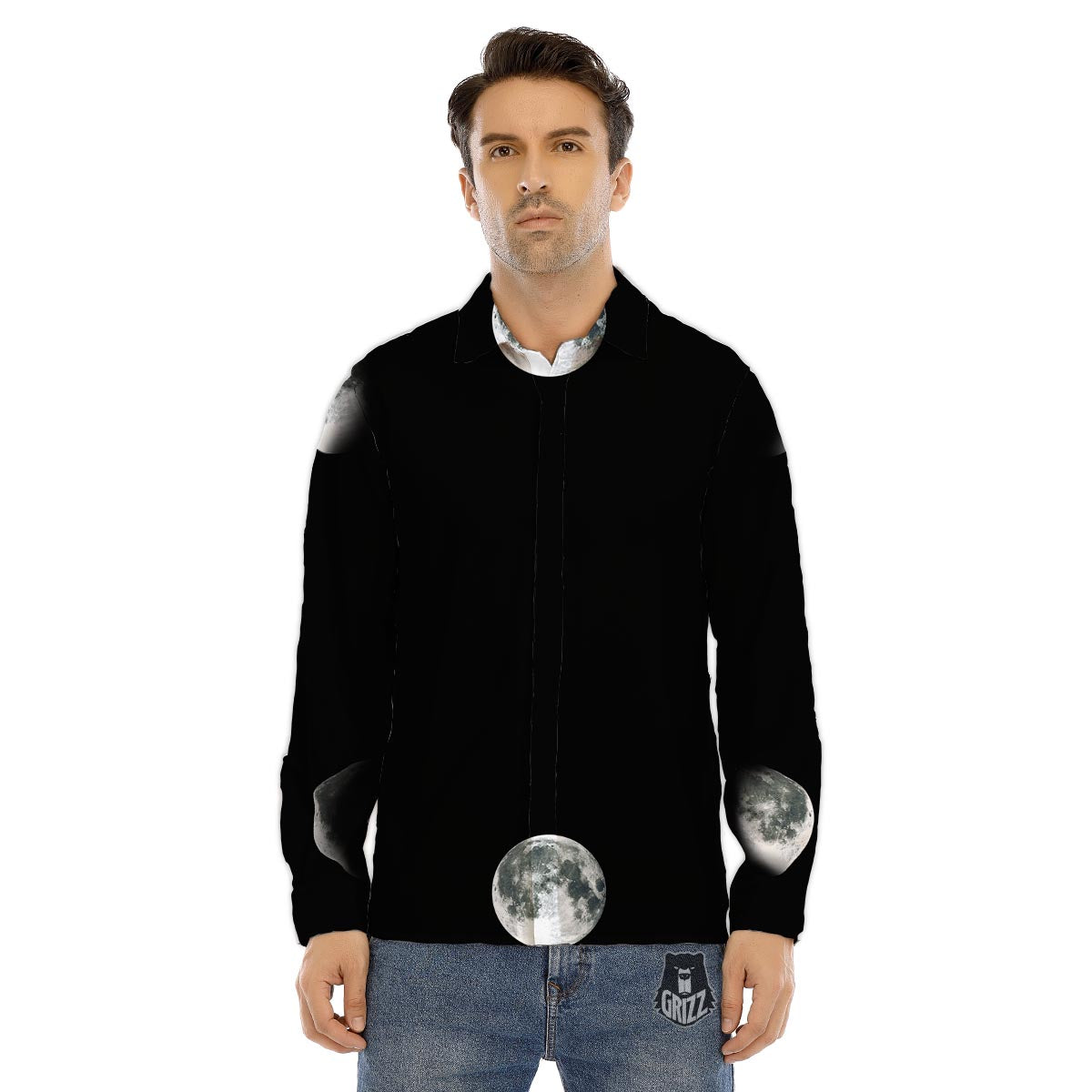 Lunar Phase Starry Sky Print Men's Dress Shirts-grizzshop