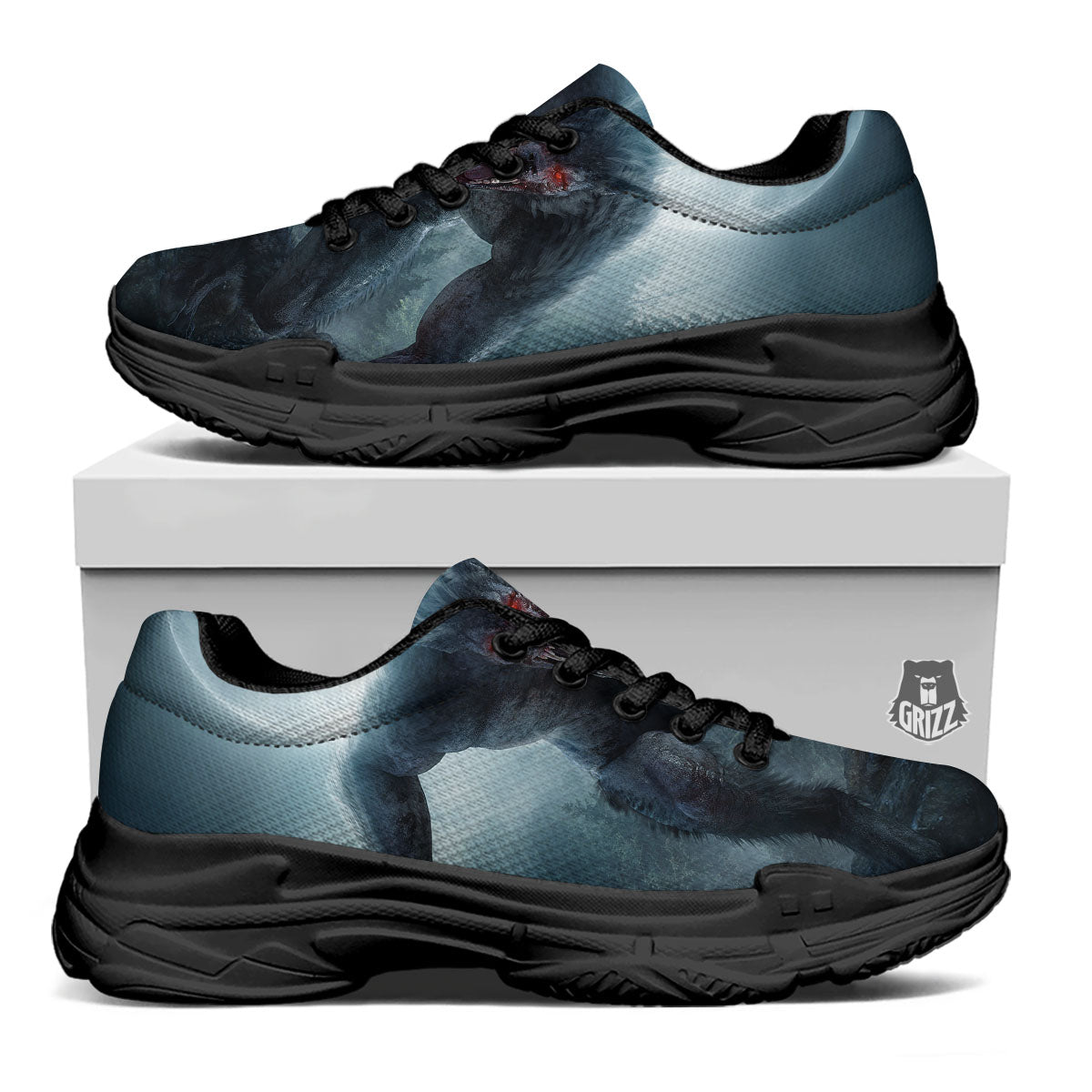 Lycan werewolf And Full Moon Print Black Chunky Shoes-grizzshop