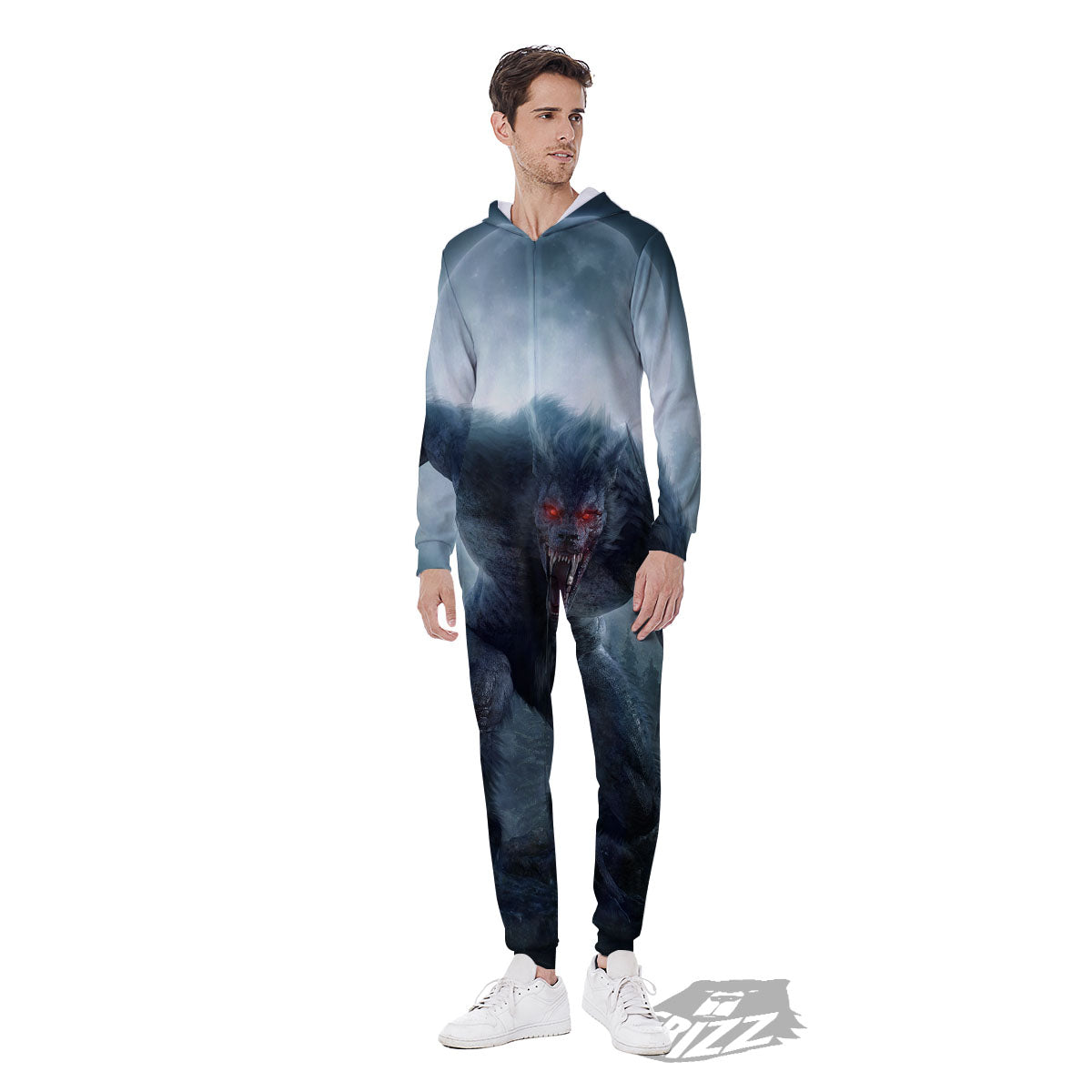 Lycan werewolf And Full Moon Print Men's Jumpsuit-grizzshop