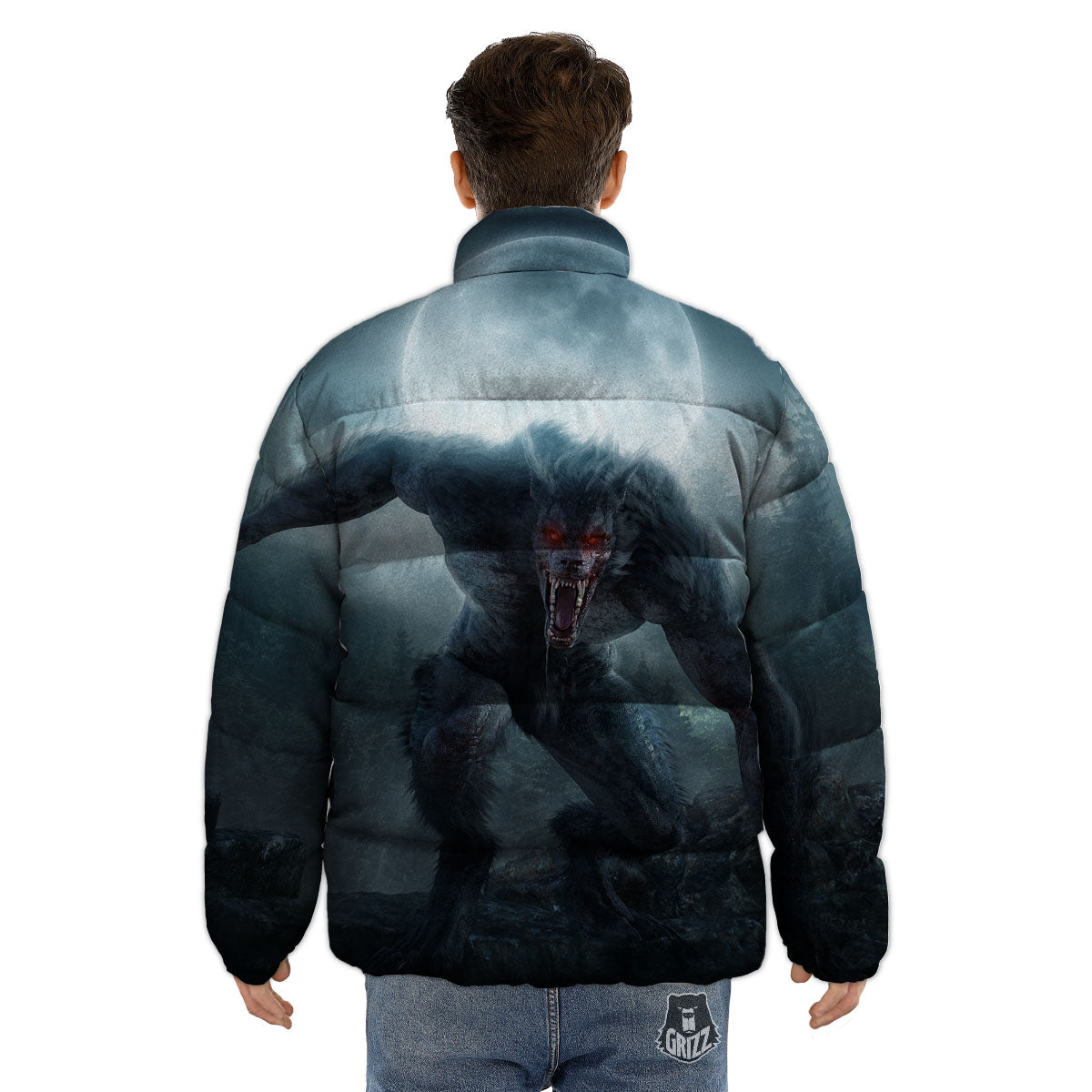Lycan werewolf And Full Moon Print Puffer Jacket-grizzshop