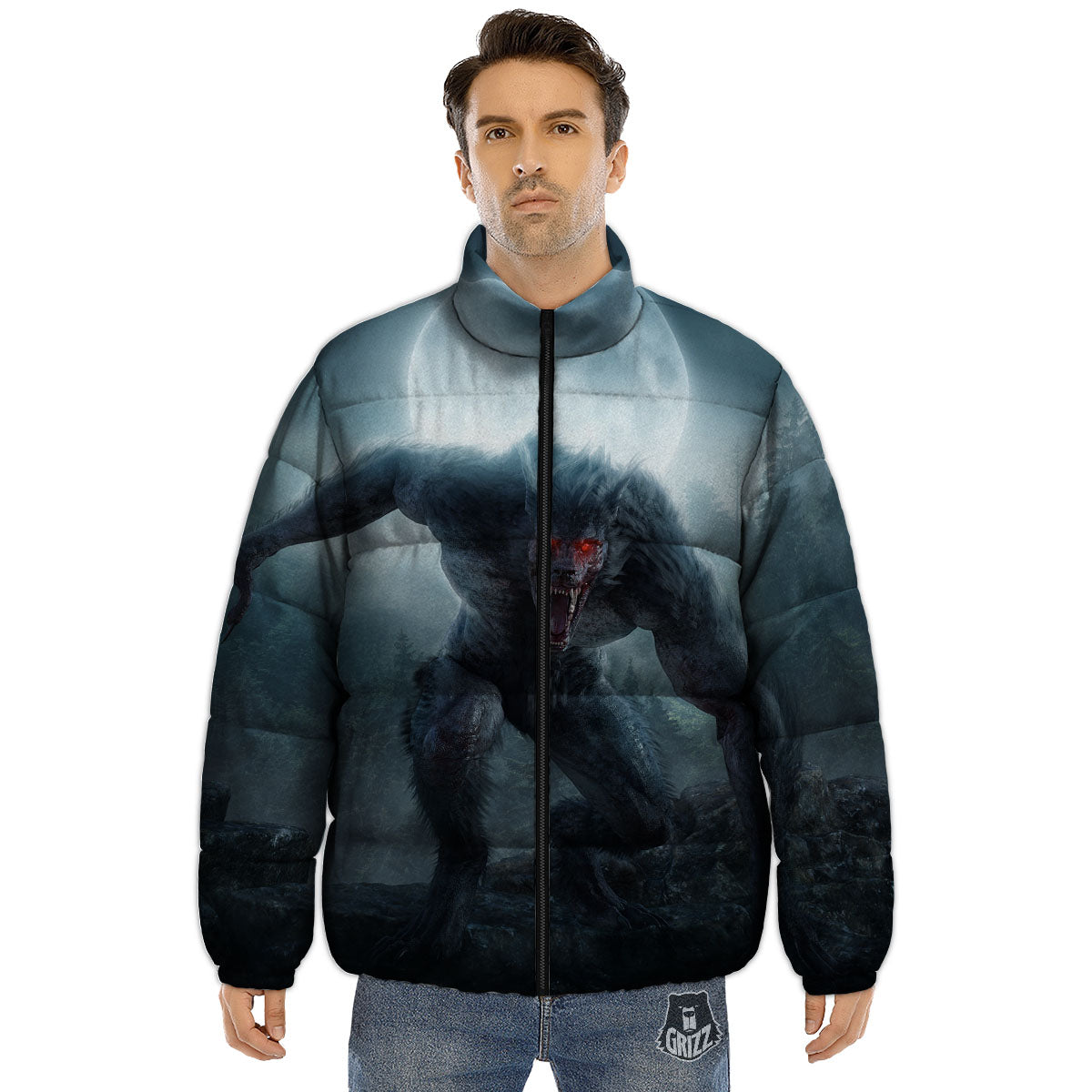 Lycan werewolf And Full Moon Print Puffer Jacket-grizzshop