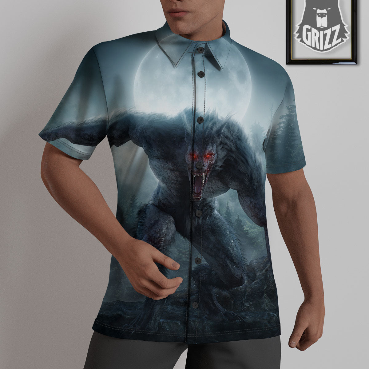 Lycan werewolf And Full Moon Print Untucked Shirts-grizzshop