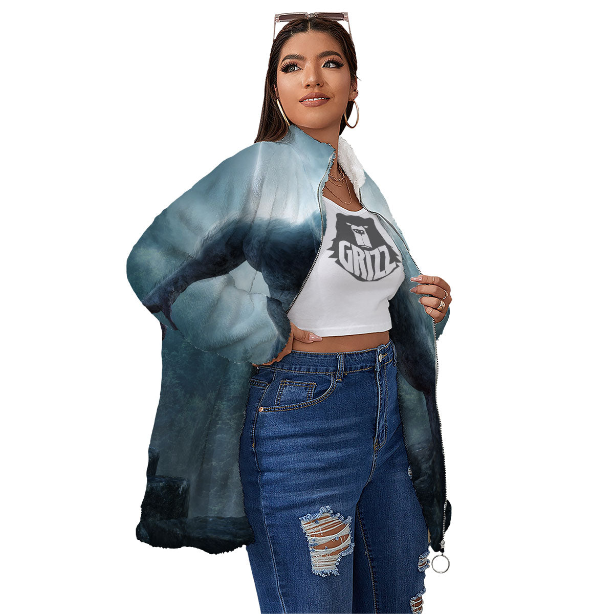Lycan werewolf And Full Moon Print Women's Sherpa Jacket-grizzshop
