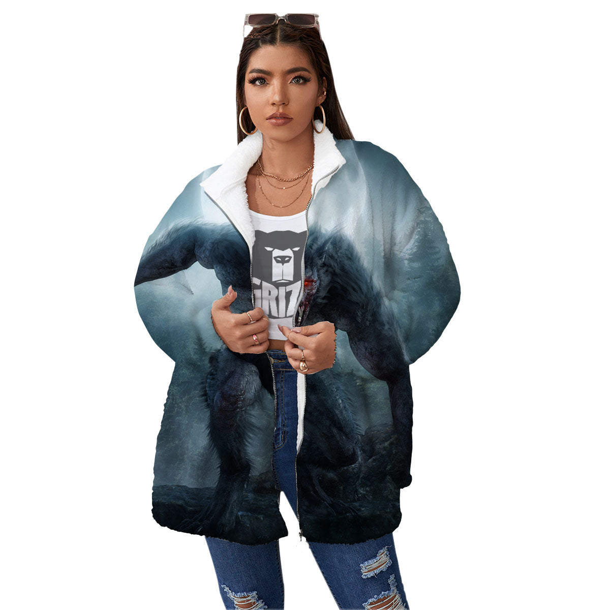 Lycan werewolf And Full Moon Print Women's Sherpa Jacket-grizzshop