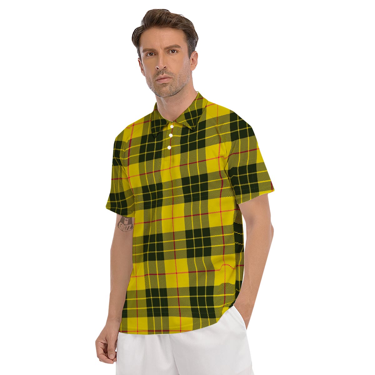 MacLeod Yellow Plaid Tartan Men's Golf Shirts-grizzshop