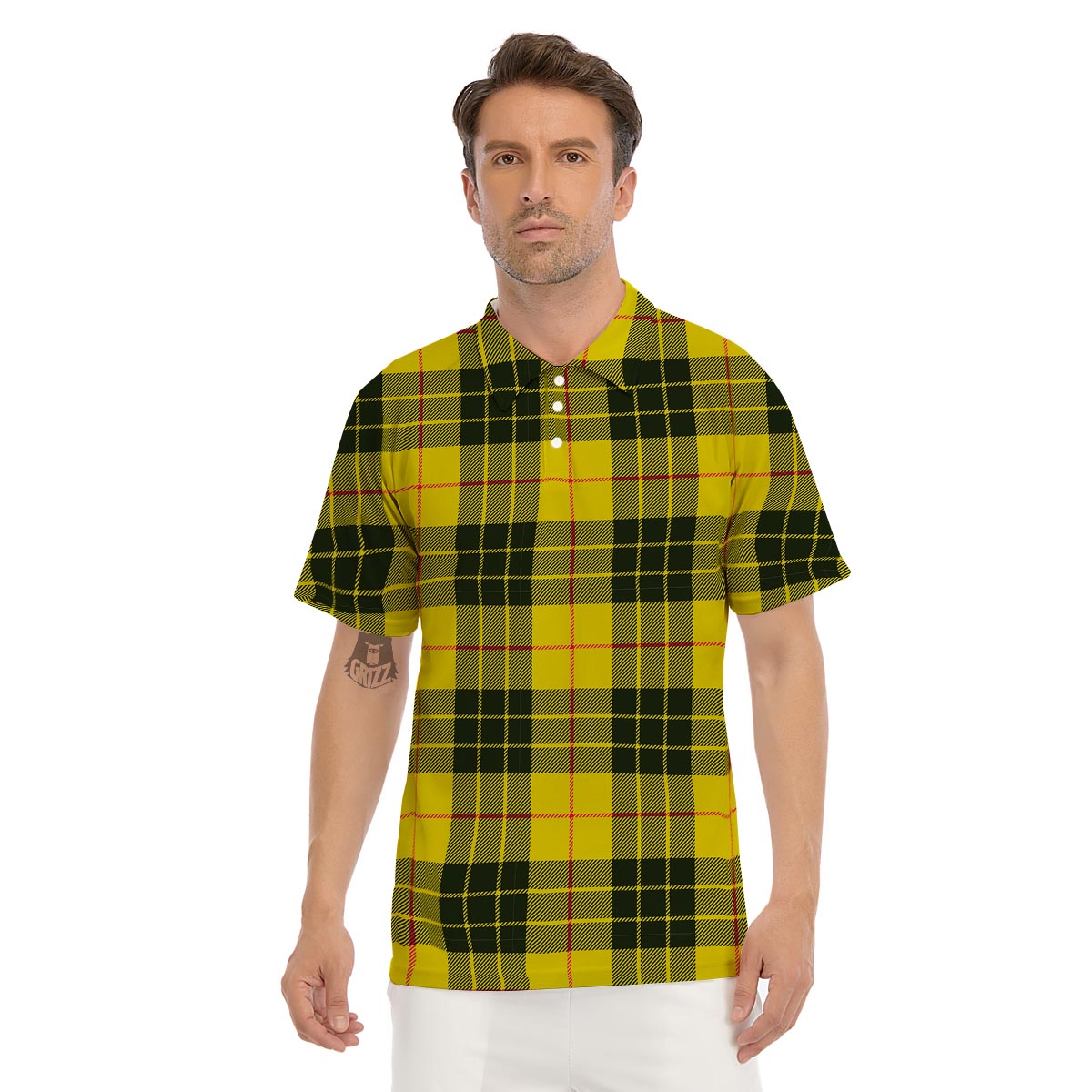 MacLeod Yellow Plaid Tartan Men's Golf Shirts-grizzshop
