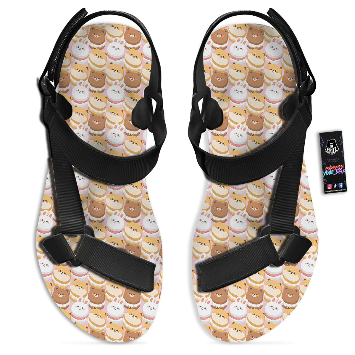 Macaron Cartoon Print Pattern Black Open Toe Sandals-grizzshop