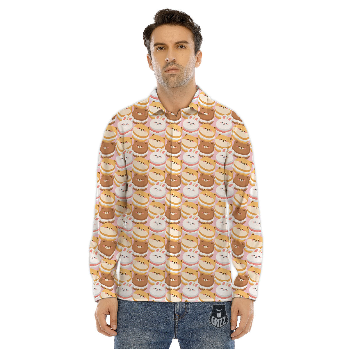 Macaron Cartoon Print Pattern Men's Dress Shirts-grizzshop