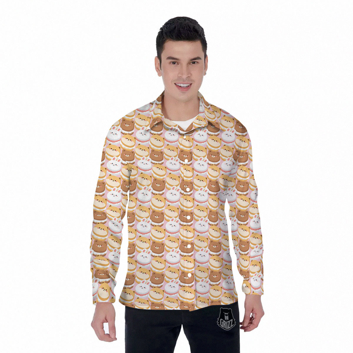 Macaron Cartoon Print Pattern Men's Long Sleeve Shirts-grizzshop