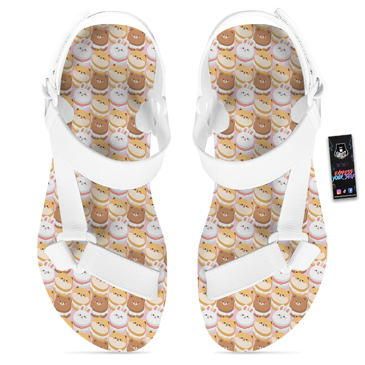 Macaron Cartoon Print Pattern White Open Toe Sandals-grizzshop
