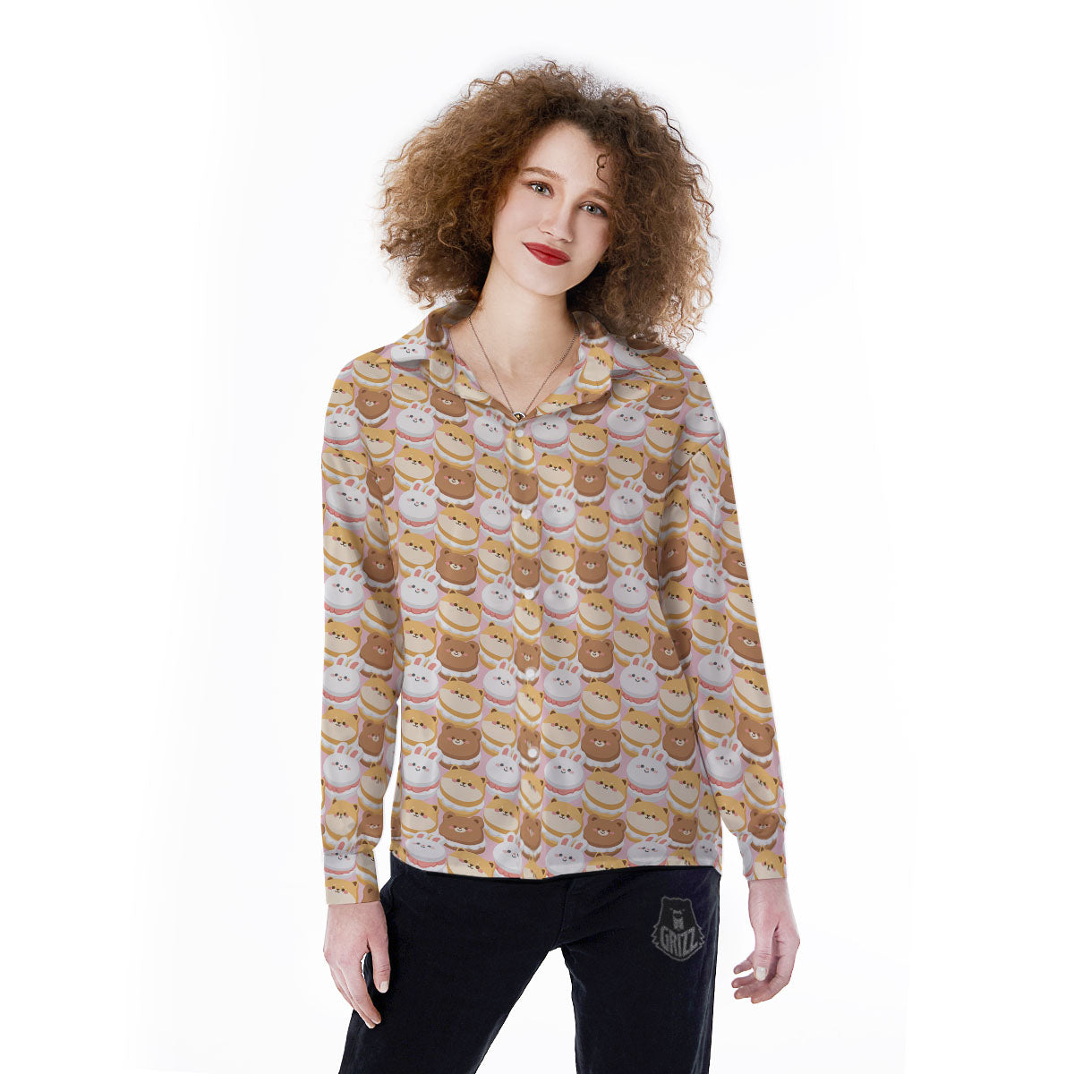Macaron Cartoon Print Pattern Women's Long Sleeve Shirts-grizzshop
