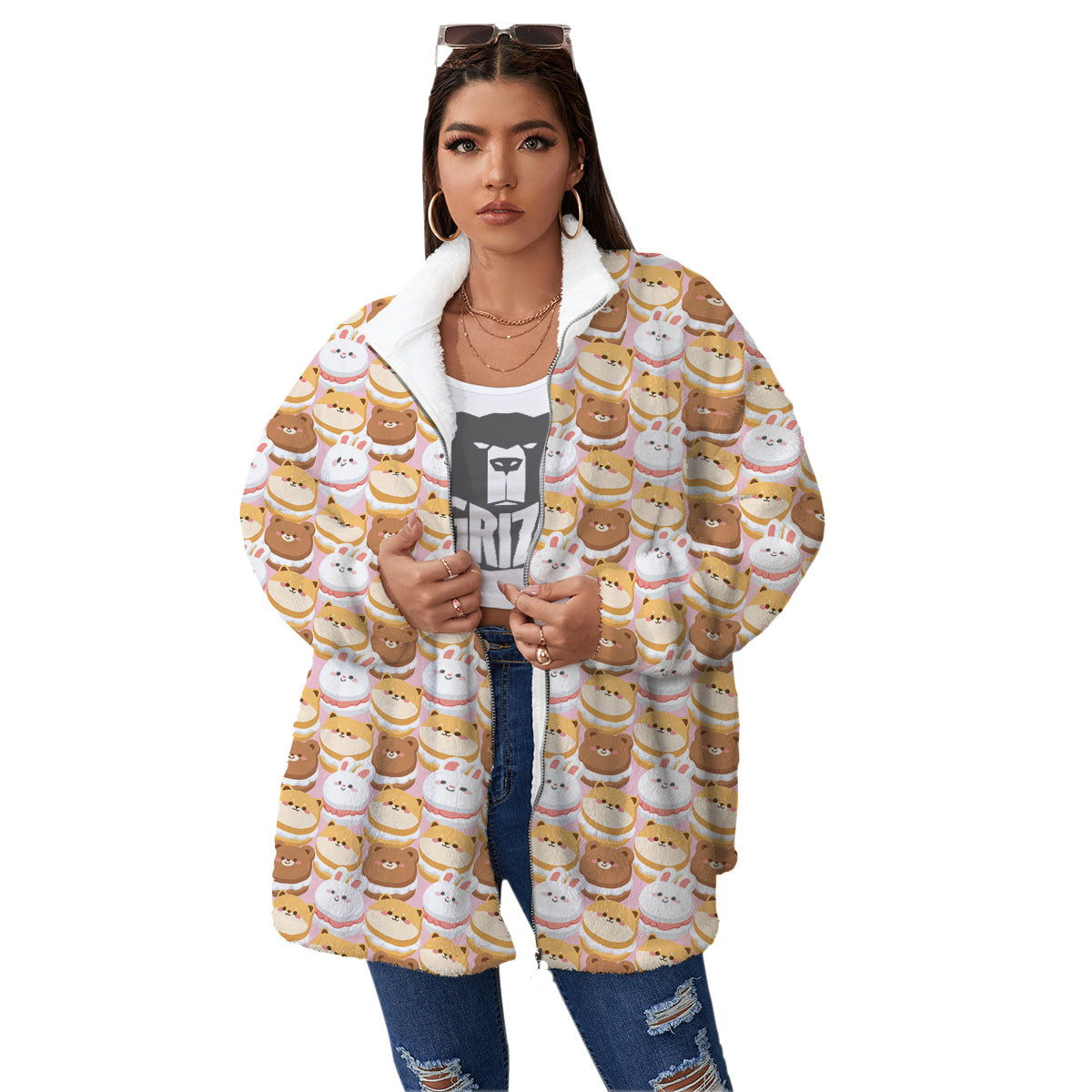 Macaron Cartoon Print Pattern Women's Sherpa Jacket-grizzshop