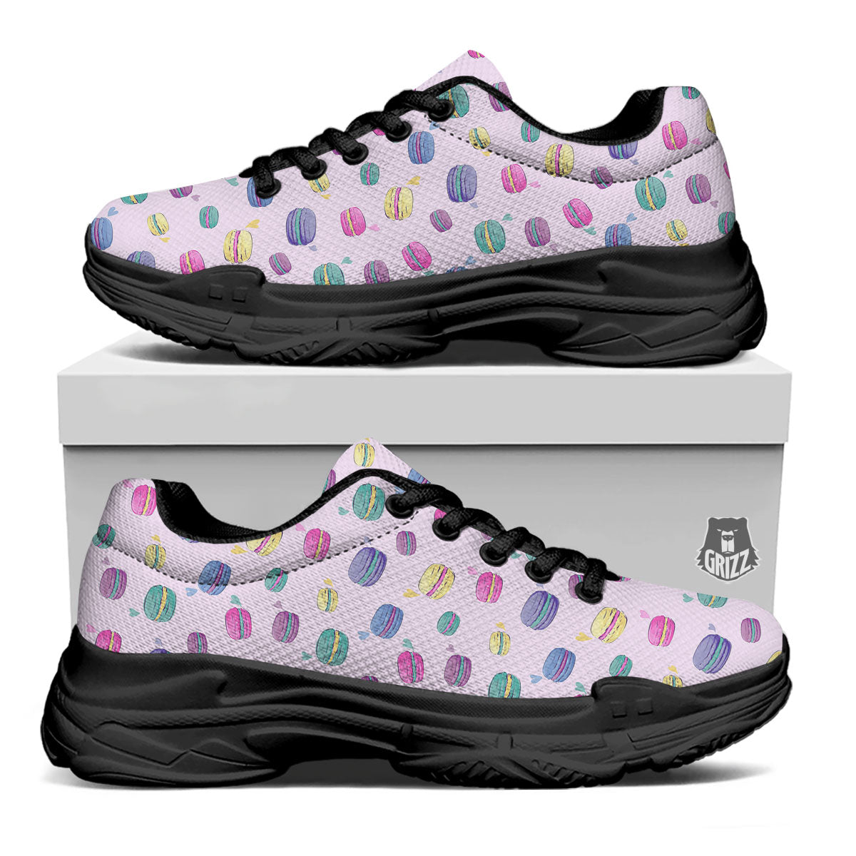 Macaron Colorful Print Pattern Black Chunky Shoes-grizzshop