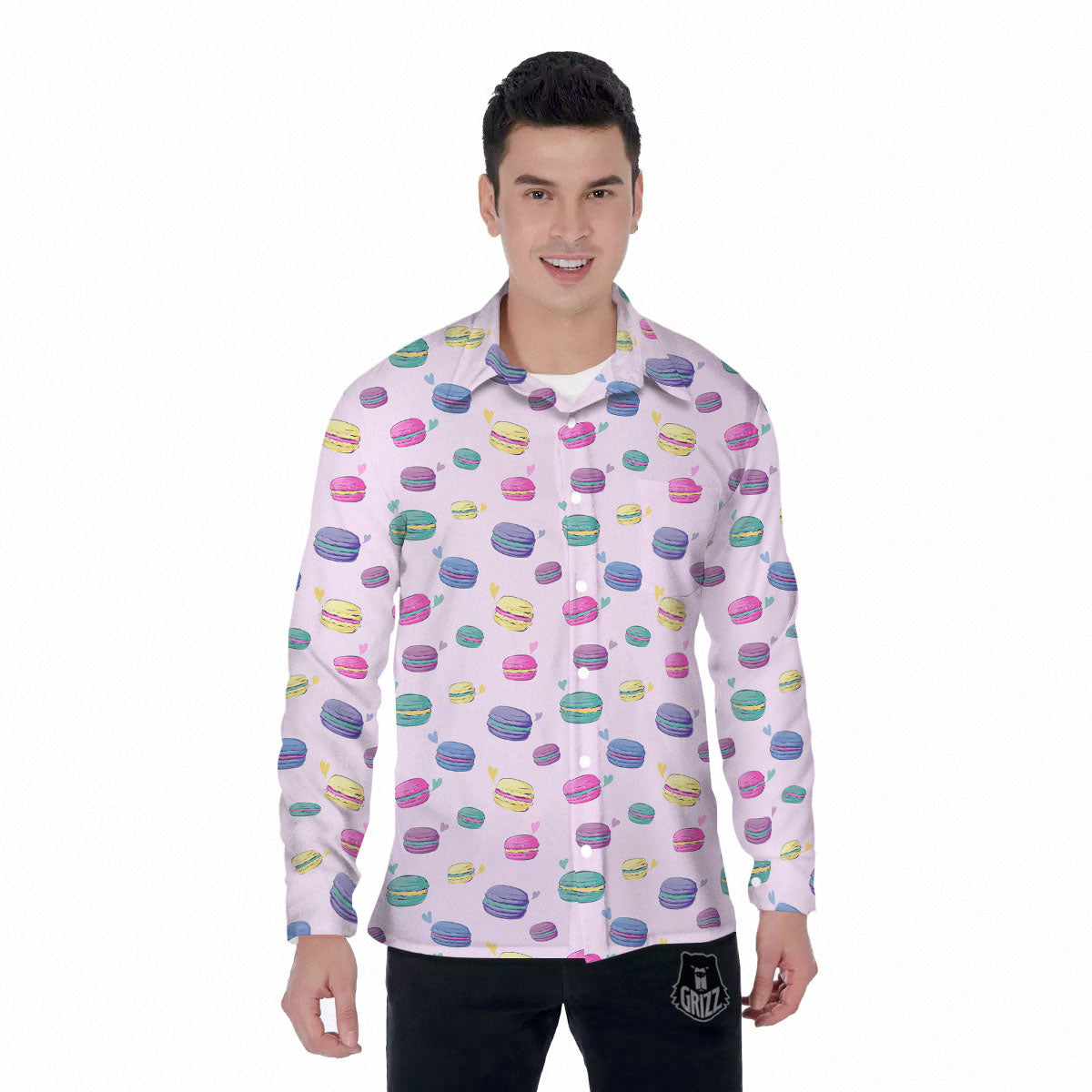 Macaron Colorful Print Pattern Men's Long Sleeve Shirts-grizzshop