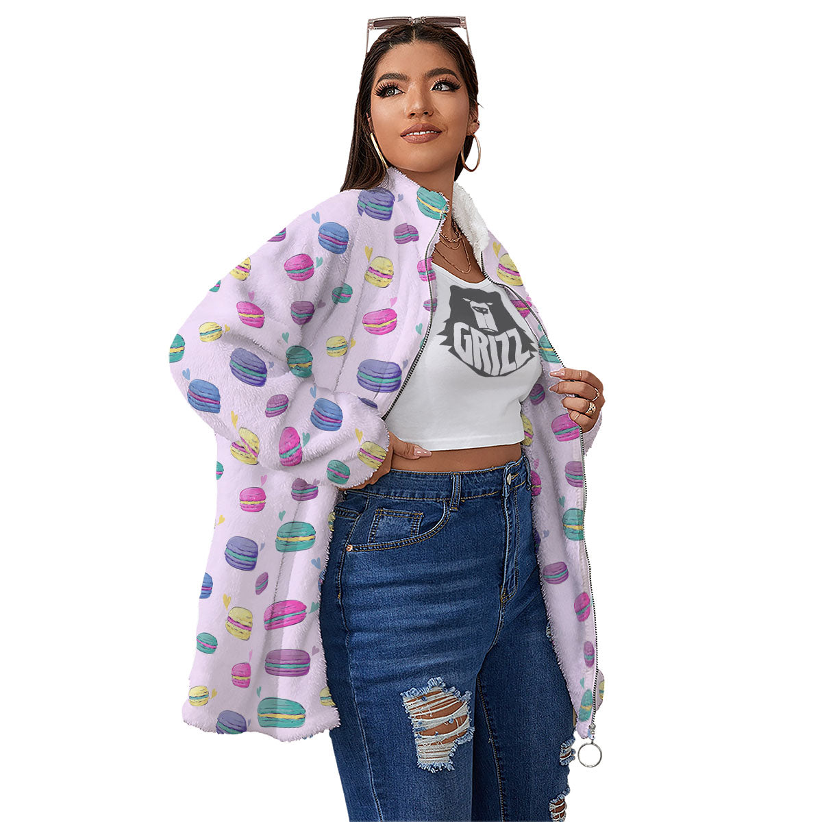 Macaron Colorful Print Pattern Women's Sherpa Jacket-grizzshop