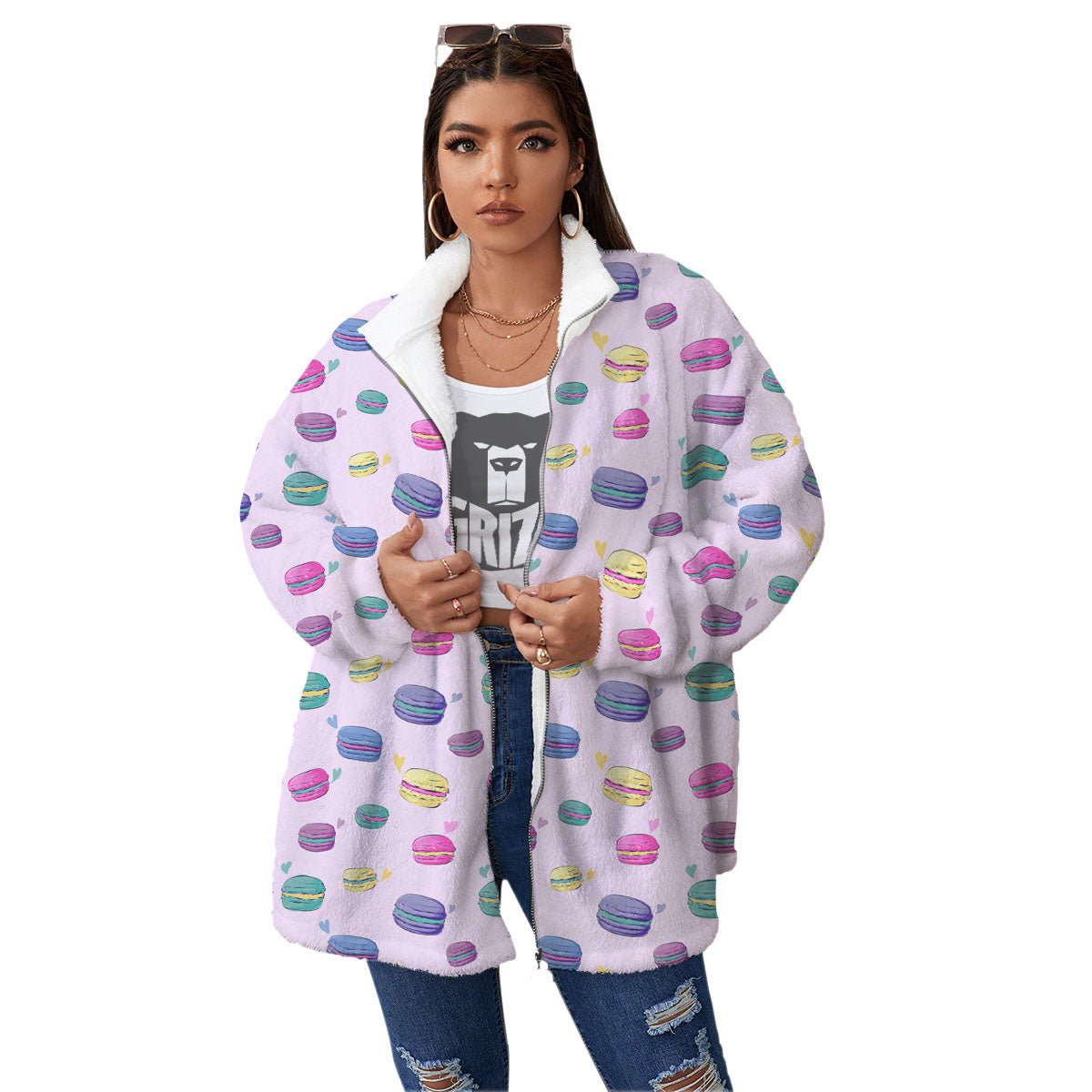 Macaron Colorful Print Pattern Women's Sherpa Jacket-grizzshop