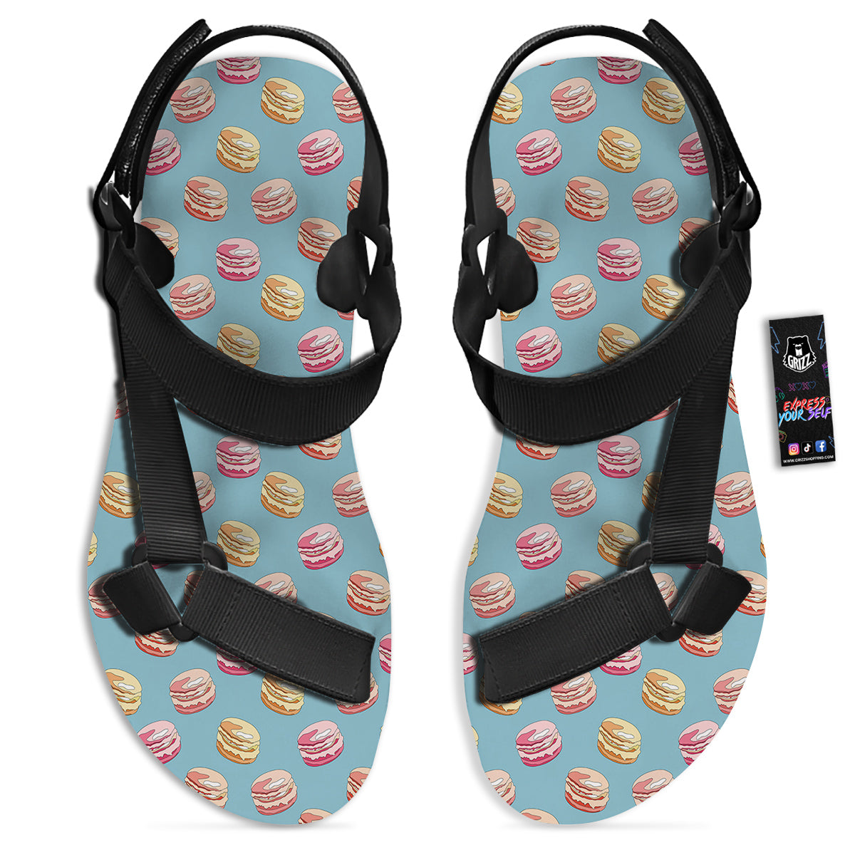 Macaron Cute Print Pattern Black Open Toe Sandals-grizzshop