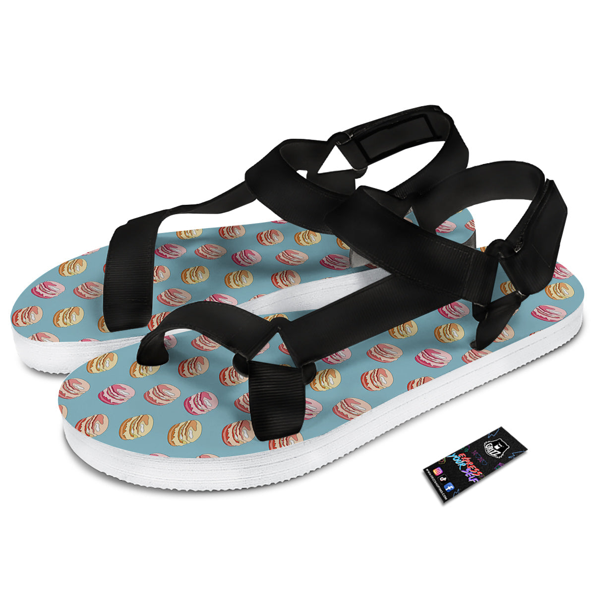 Macaron Cute Print Pattern Black Open Toe Sandals-grizzshop