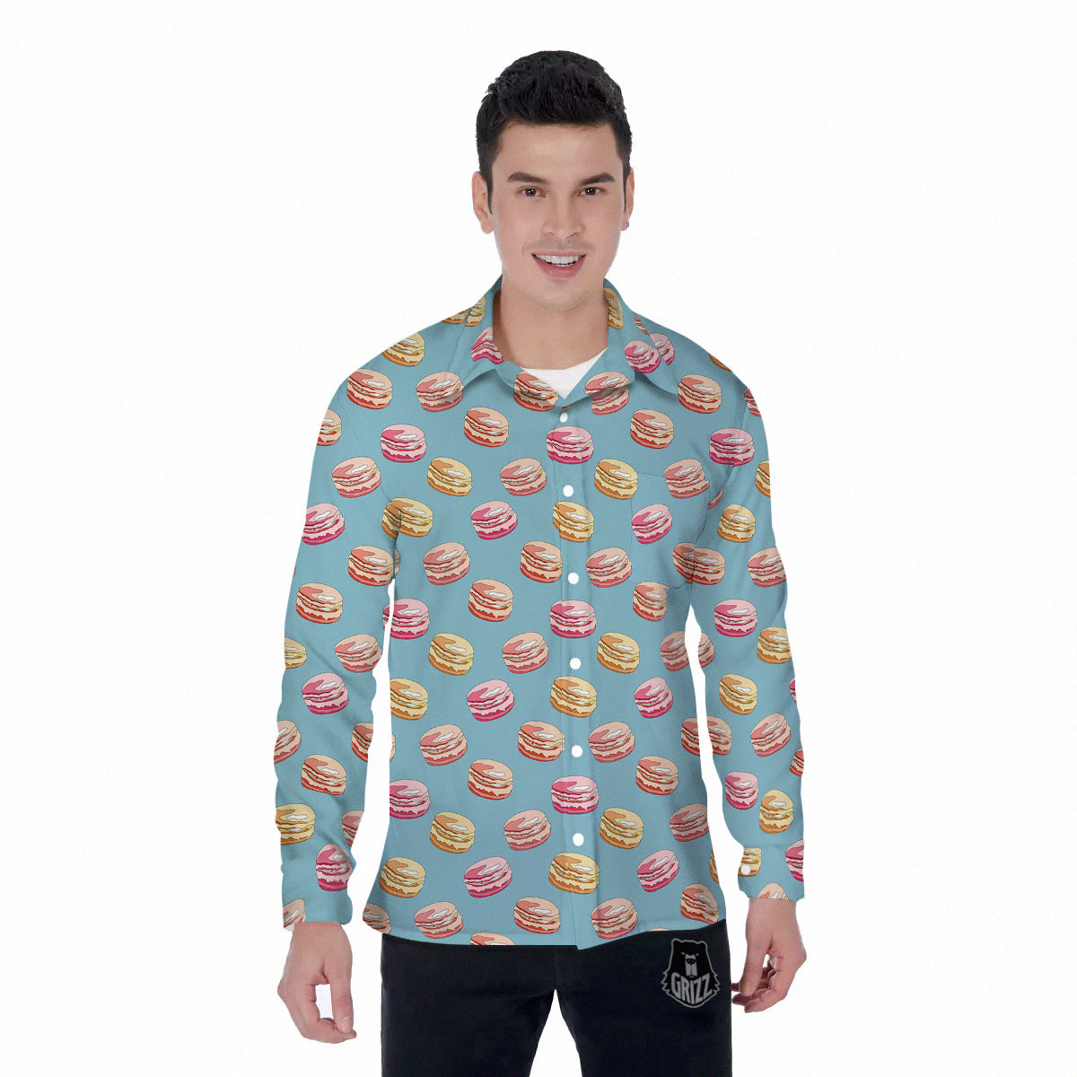 Macaron Cute Print Pattern Men's Long Sleeve Shirts-grizzshop