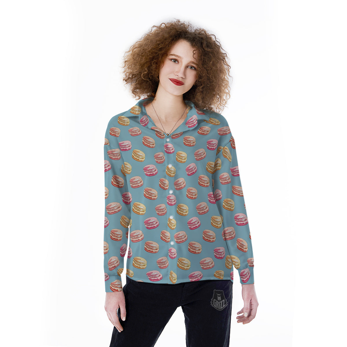 Macaron Cute Print Pattern Women's Long Sleeve Shirts-grizzshop