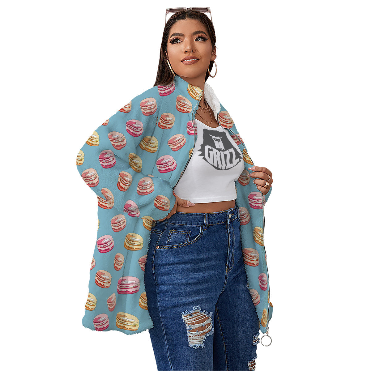 Macaron Cute Print Pattern Women's Sherpa Jacket-grizzshop