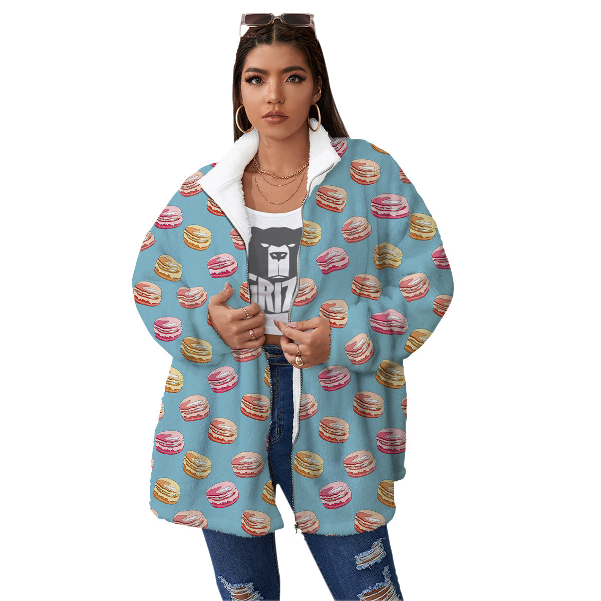 Macaron Cute Print Pattern Women's Sherpa Jacket-grizzshop