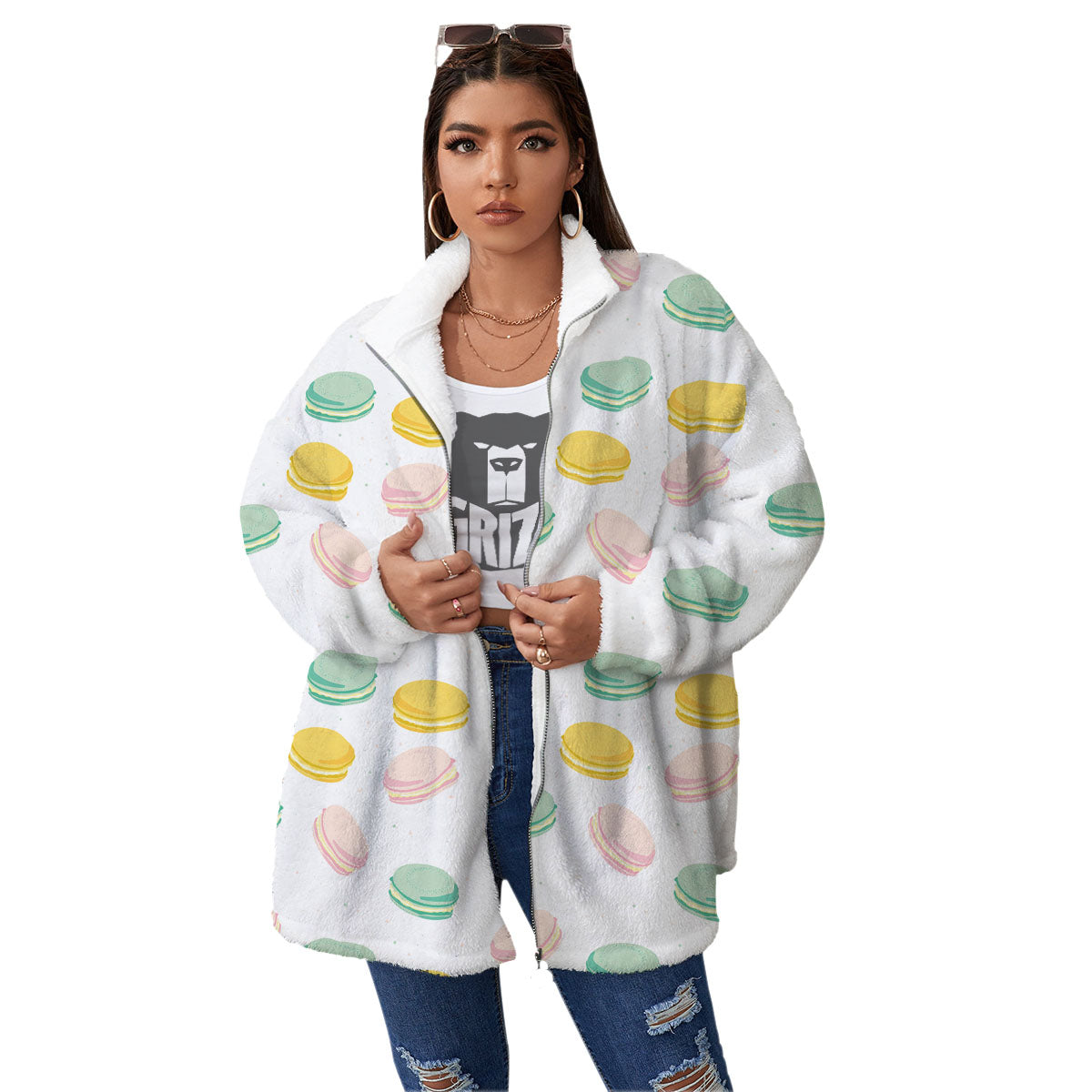 Macaron Pastel Print Pattern Women's Sherpa Jacket-grizzshop