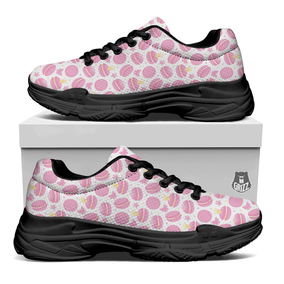 Macaron Pink Print Pattern Black Chunky Shoes-grizzshop