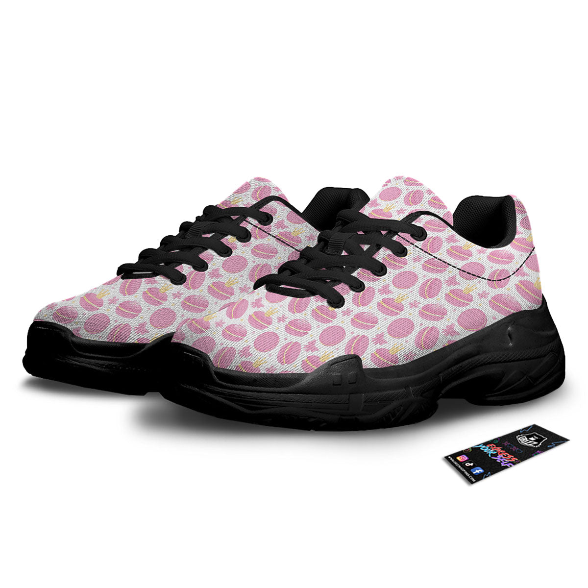 Macaron Pink Print Pattern Black Chunky Shoes-grizzshop