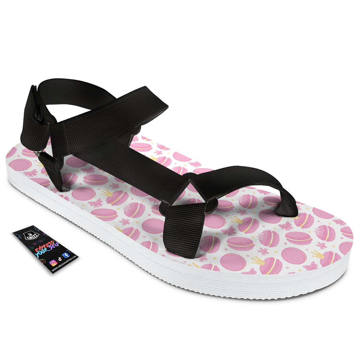 Macaron Pink Print Pattern Black Open Toe Sandals-grizzshop