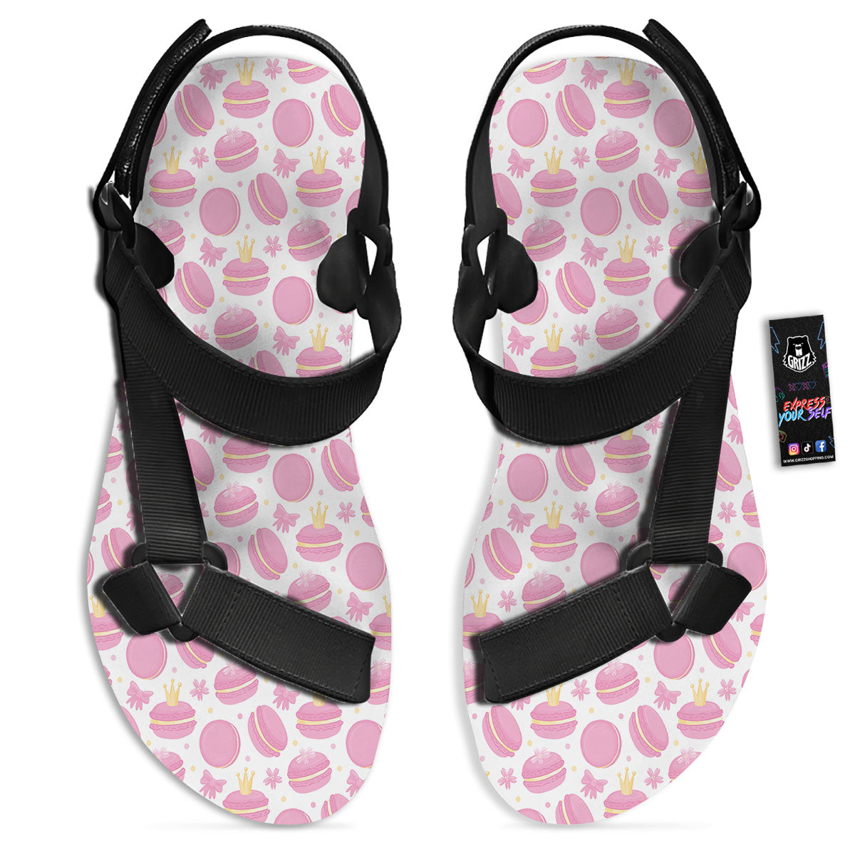 Macaron Pink Print Pattern Black Open Toe Sandals-grizzshop