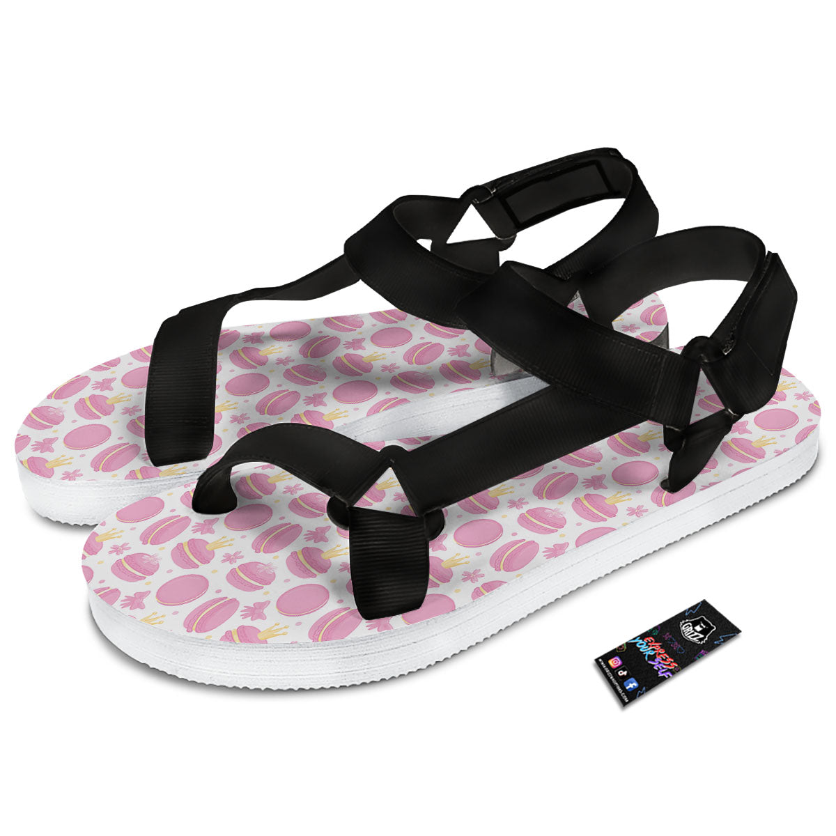 Macaron Pink Print Pattern Black Open Toe Sandals-grizzshop
