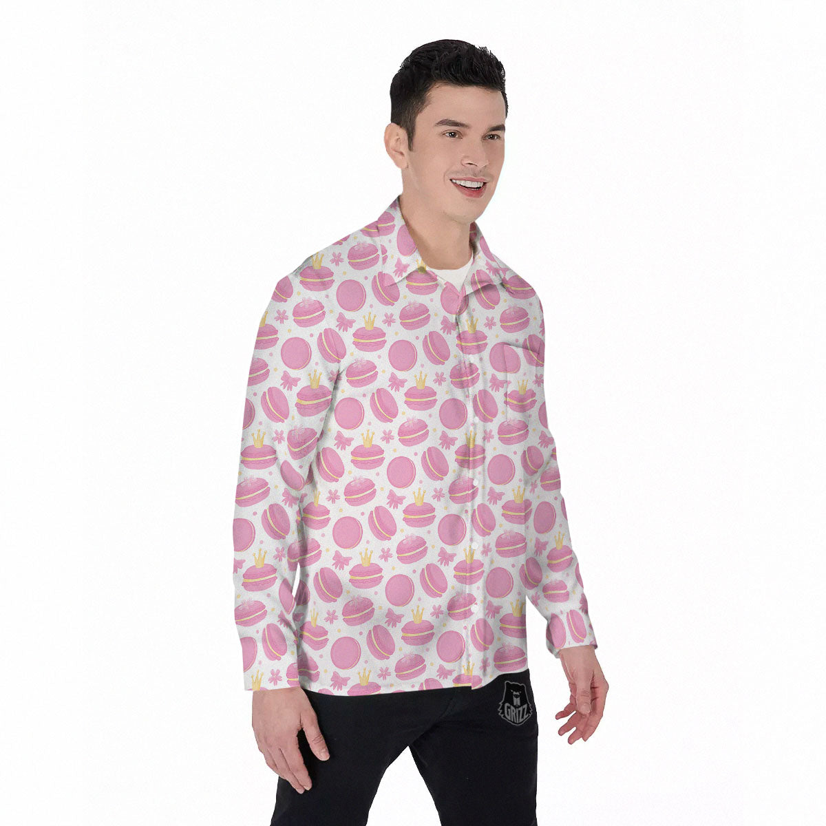Macaron Pink Print Pattern Men's Long Sleeve Shirts-grizzshop