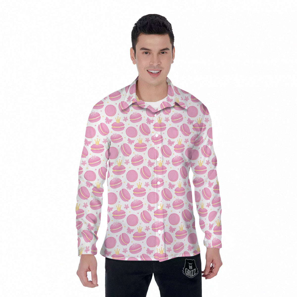 Macaron Pink Print Pattern Men's Long Sleeve Shirts-grizzshop