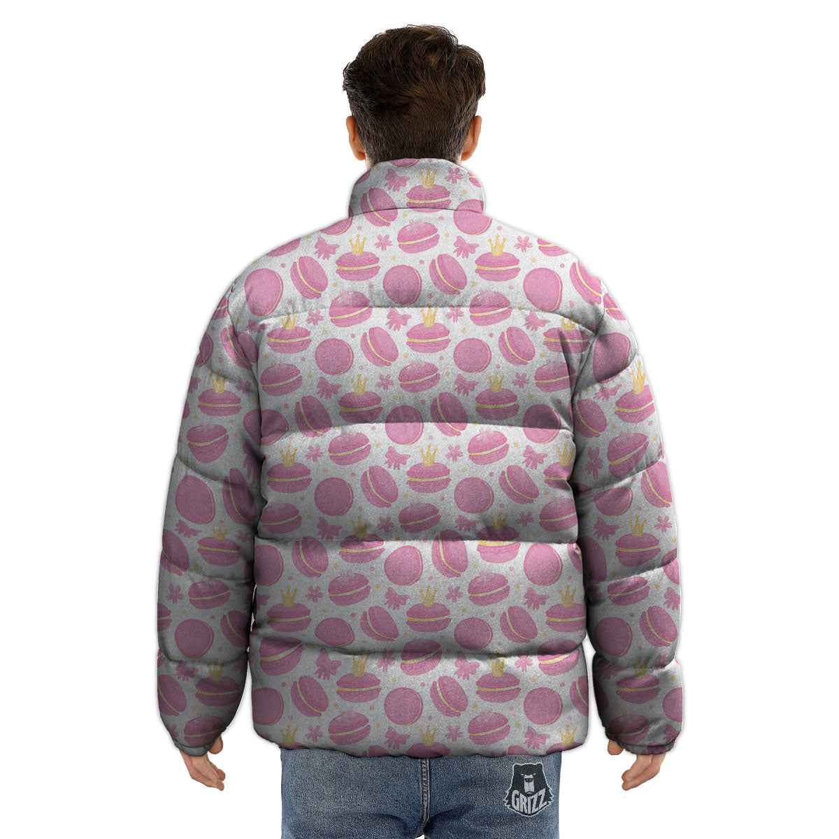 Macaron Pink Print Pattern Puffer Jacket-grizzshop