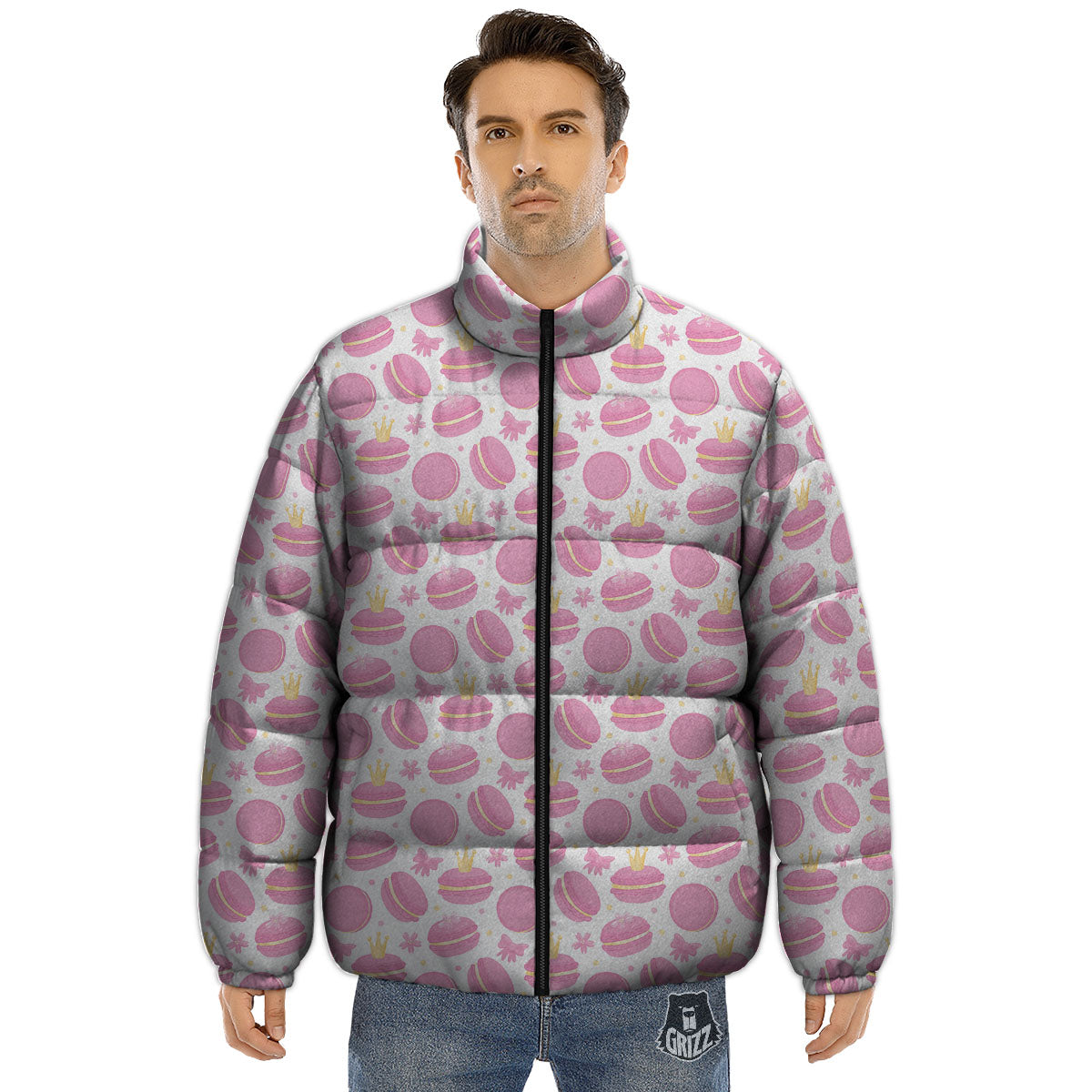 Macaron Pink Print Pattern Puffer Jacket-grizzshop