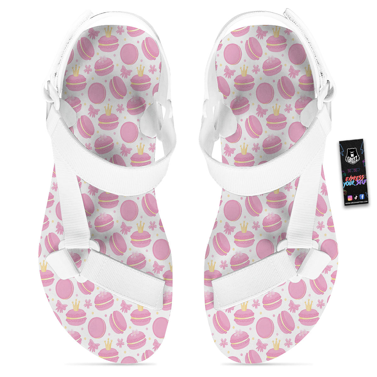 Macaron Pink Print Pattern White Open Toe Sandals-grizzshop