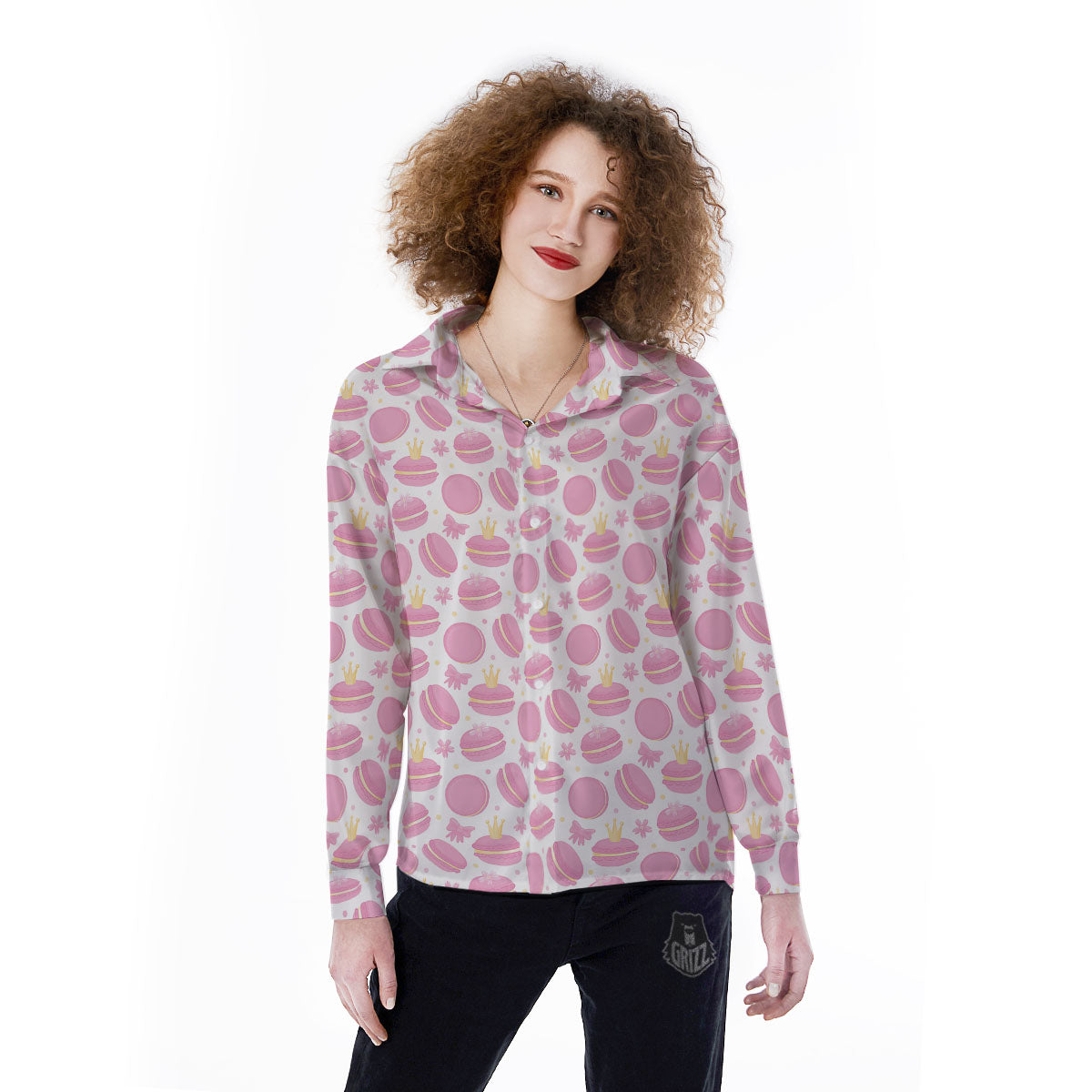 Macaron Pink Print Pattern Women's Long Sleeve Shirts-grizzshop