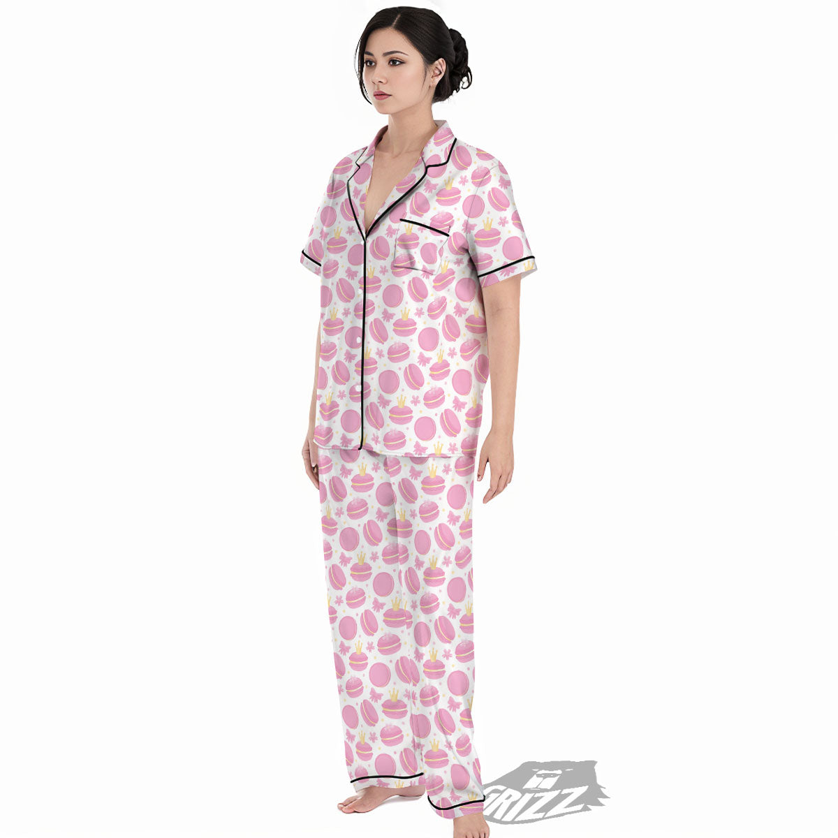 Macaron Pink Print Pattern Women's Pajamas Set-grizzshop