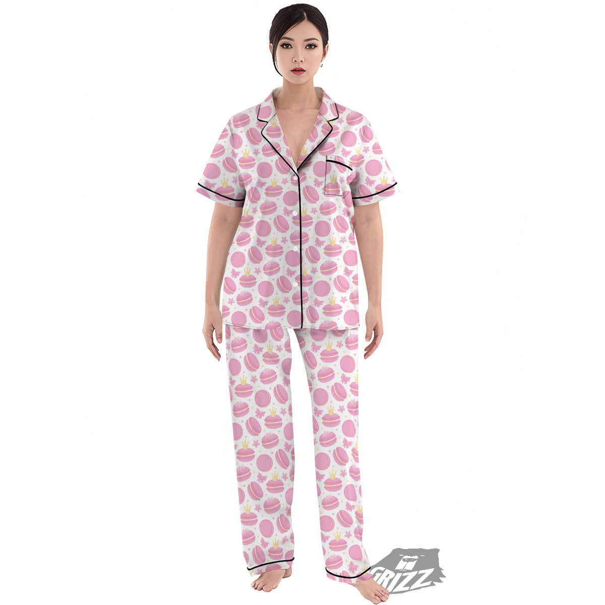 Macaron Pink Print Pattern Women's Pajamas Set-grizzshop